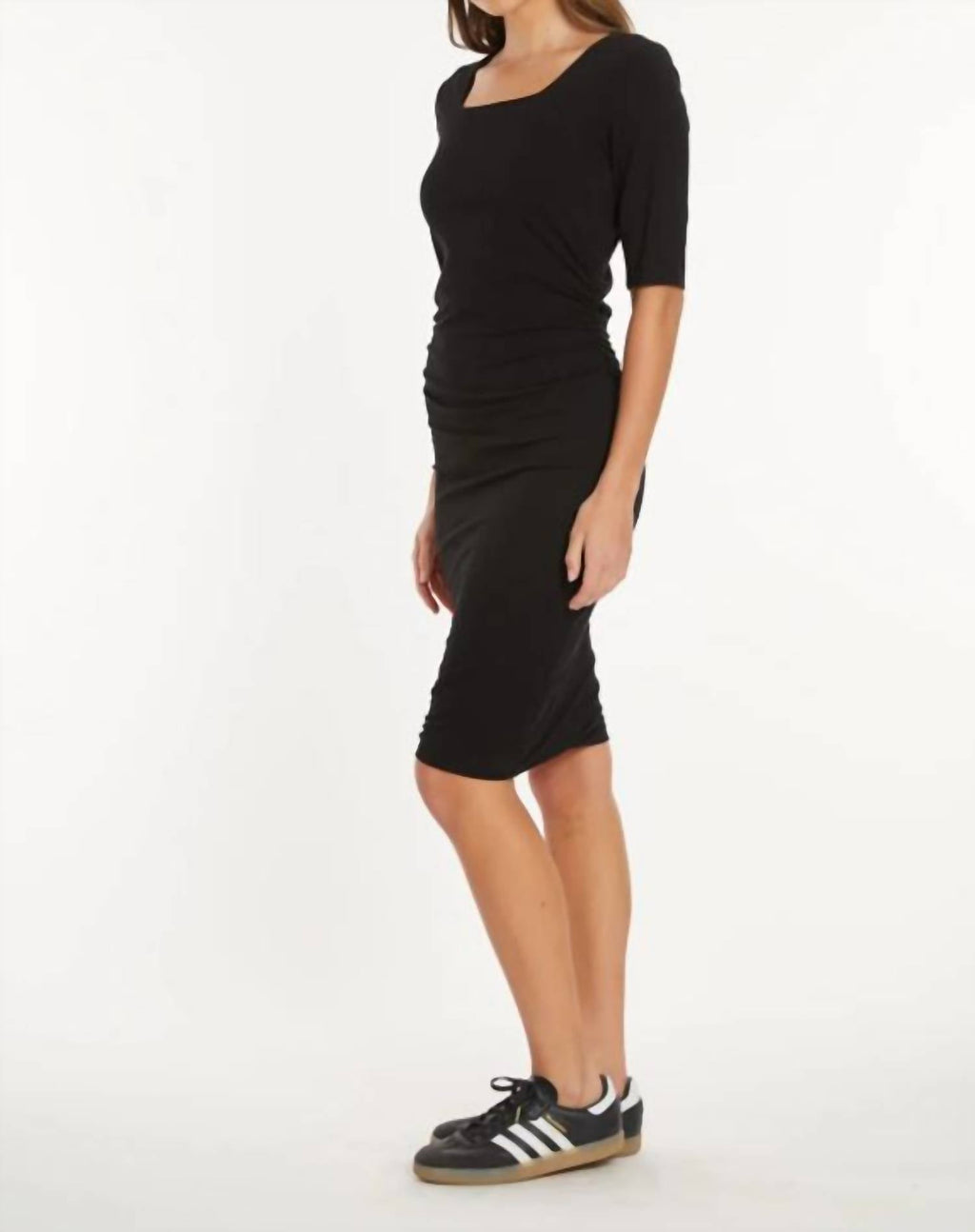 Mododoc - Elbow Sleeve Below the Knee Ruched Dress