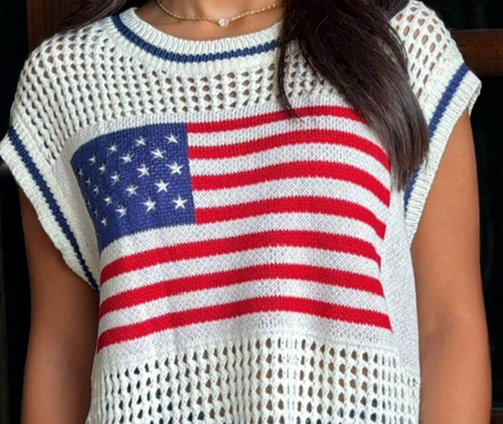 Fashionworks - Usa Flag Eyelet Knitted Sweater Top