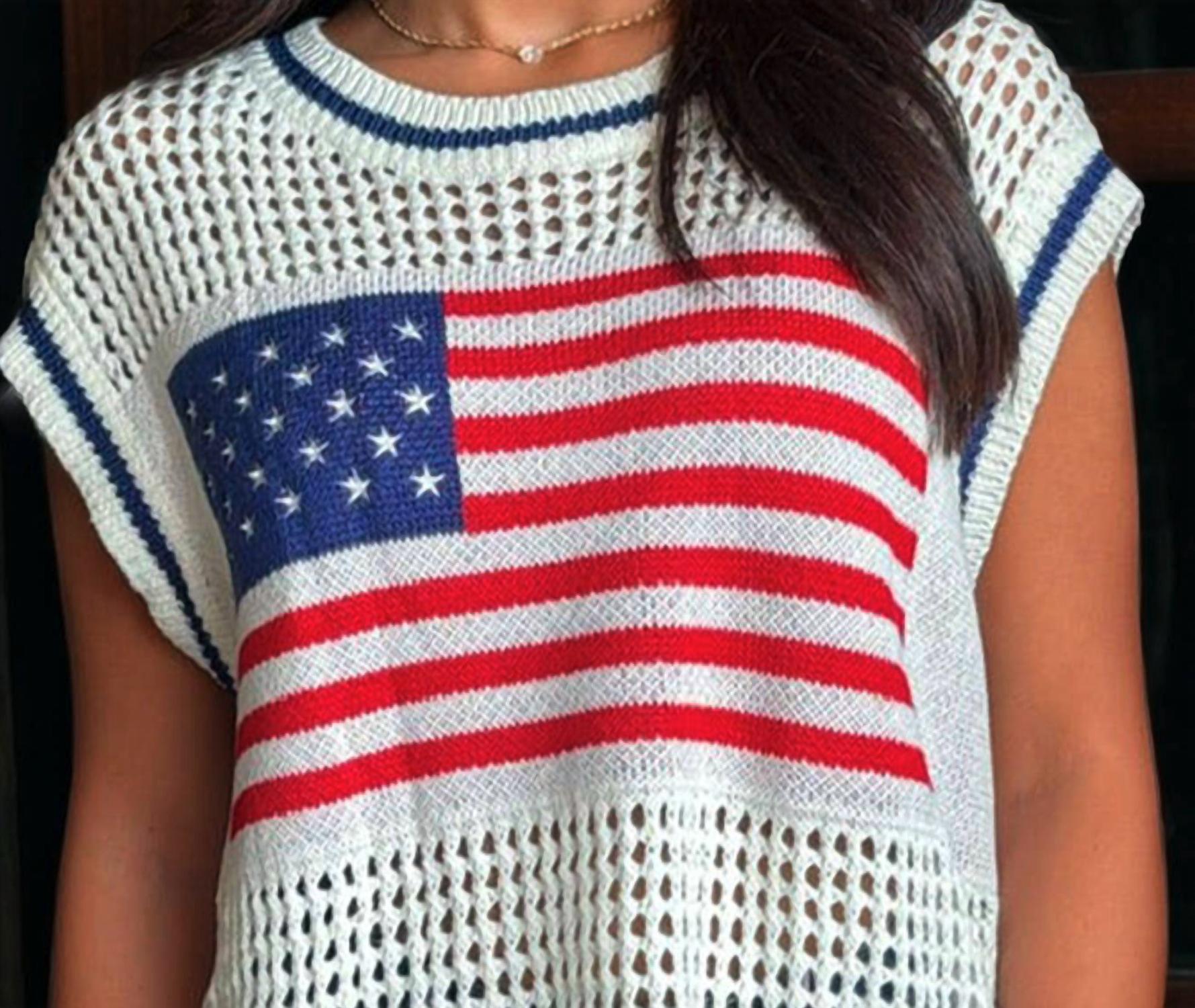Fashionworks - Usa Flag Eyelet Knitted Sweater Top