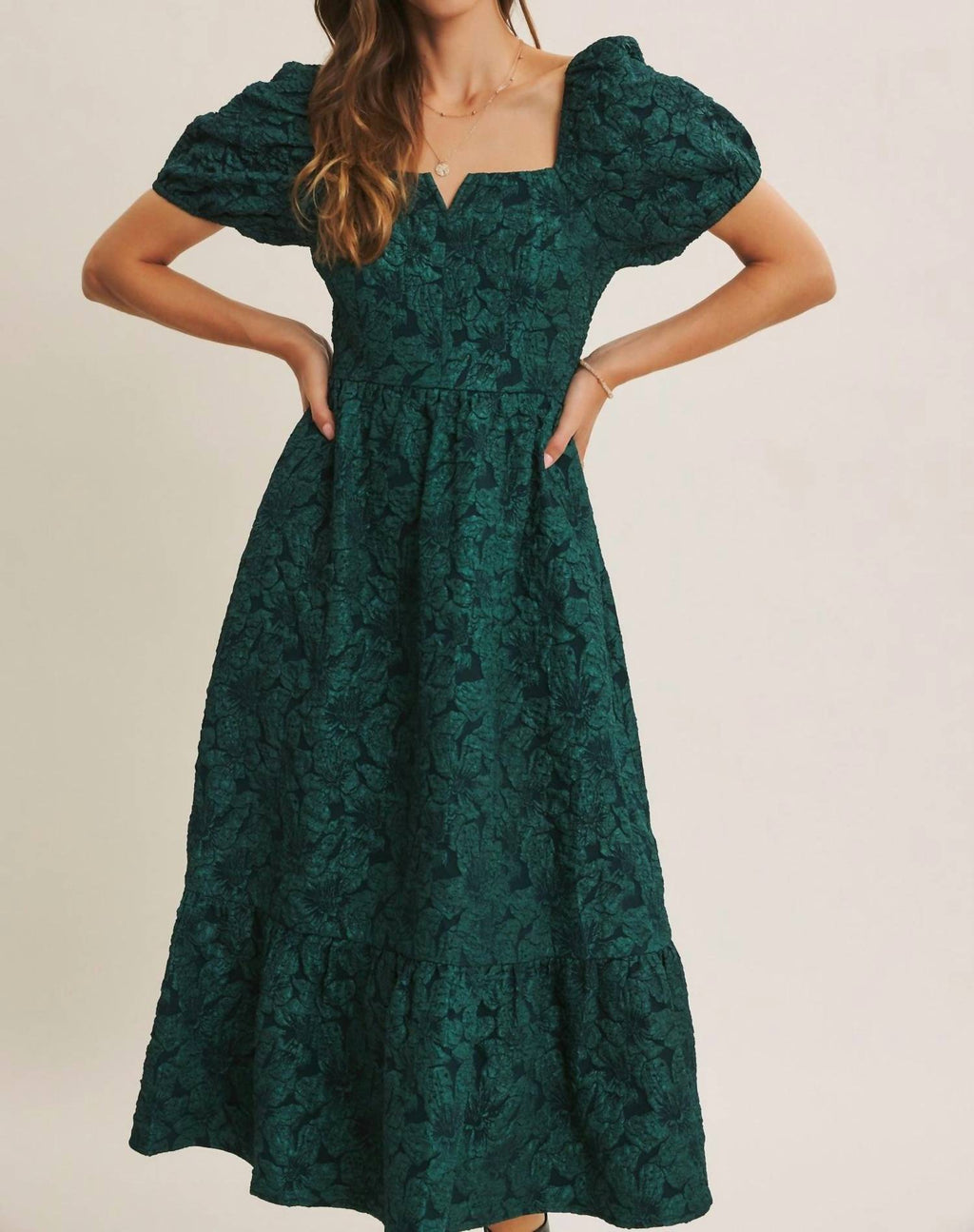 In February - Timeless Elegance Floral Jackerd Puff Sleeve Midi Dress