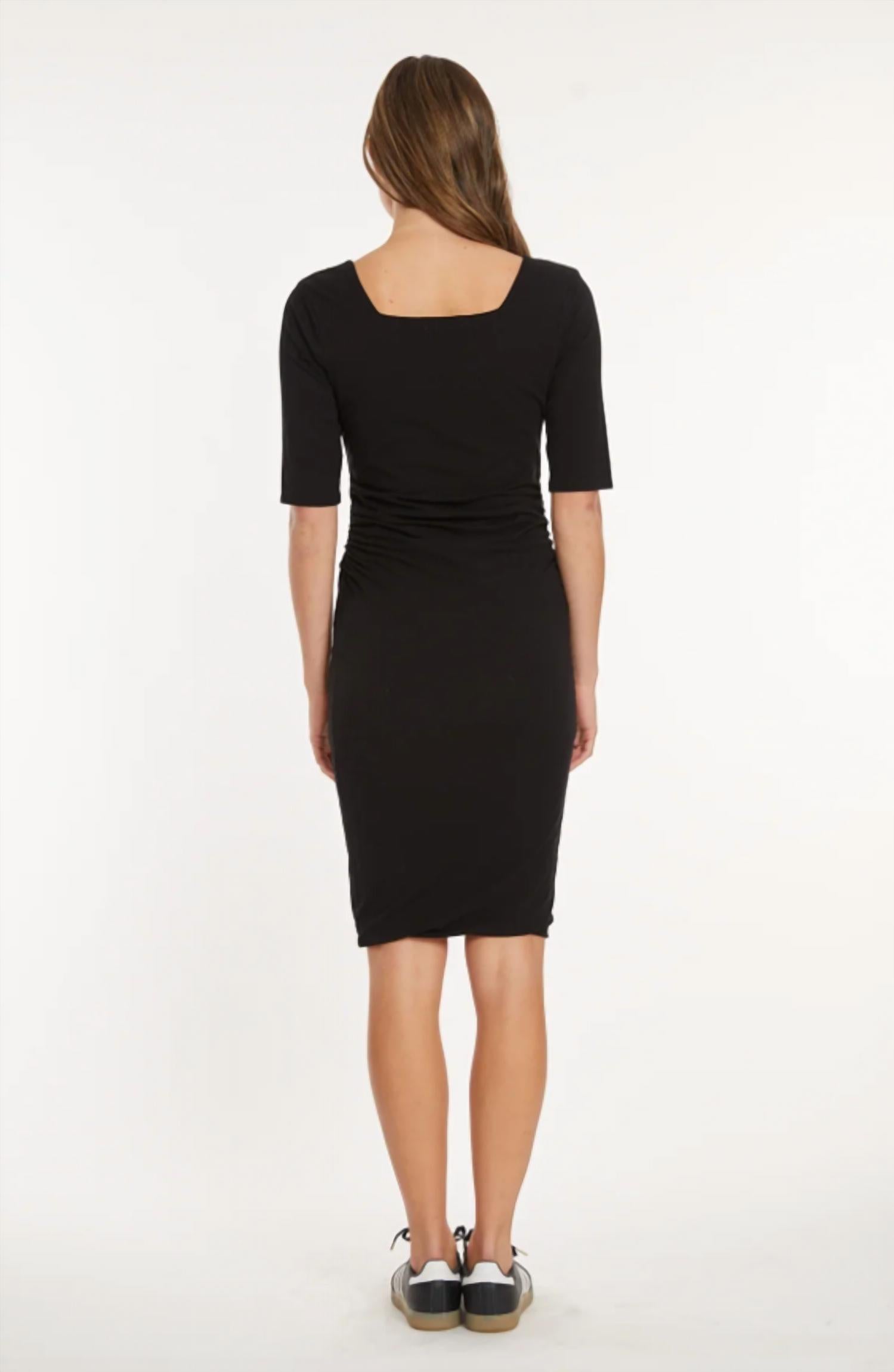 Mododoc - Elbow Sleeve Below the Knee Ruched Dress