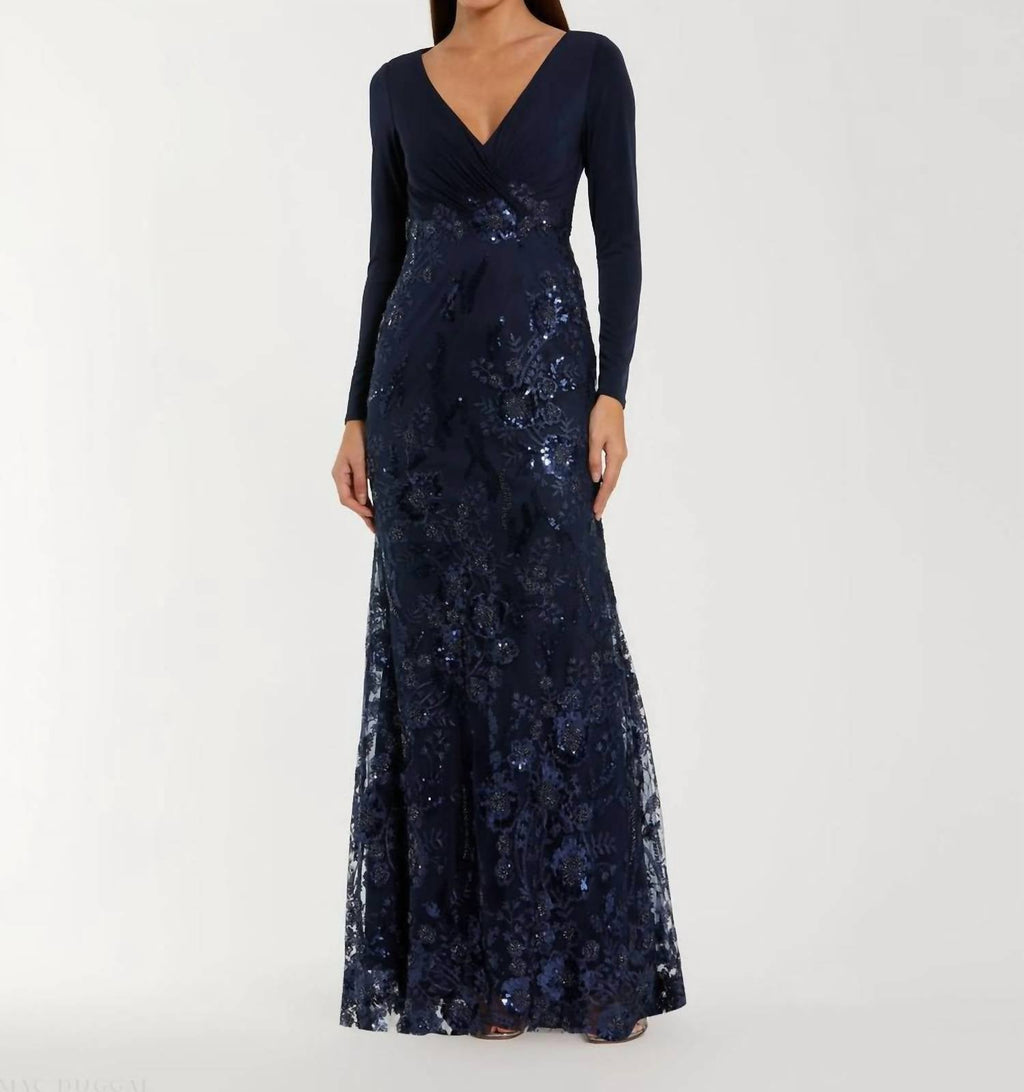 Mac Duggal - Embellished Long Sleeve Wrap Over Trumpet Gown