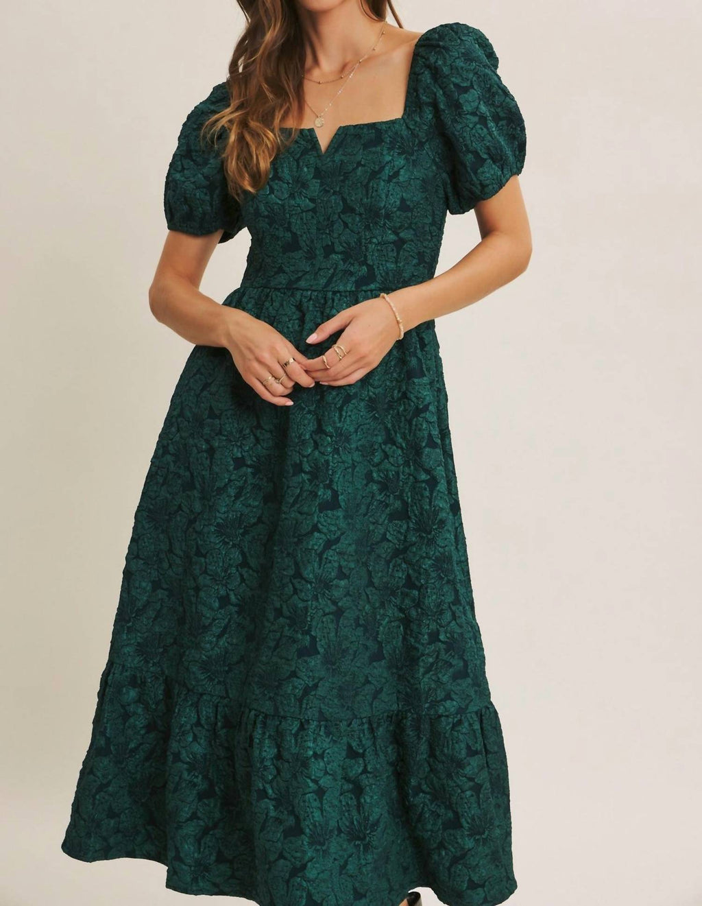 In February - Timeless Elegance Floral Jackerd Puff Sleeve Midi Dress