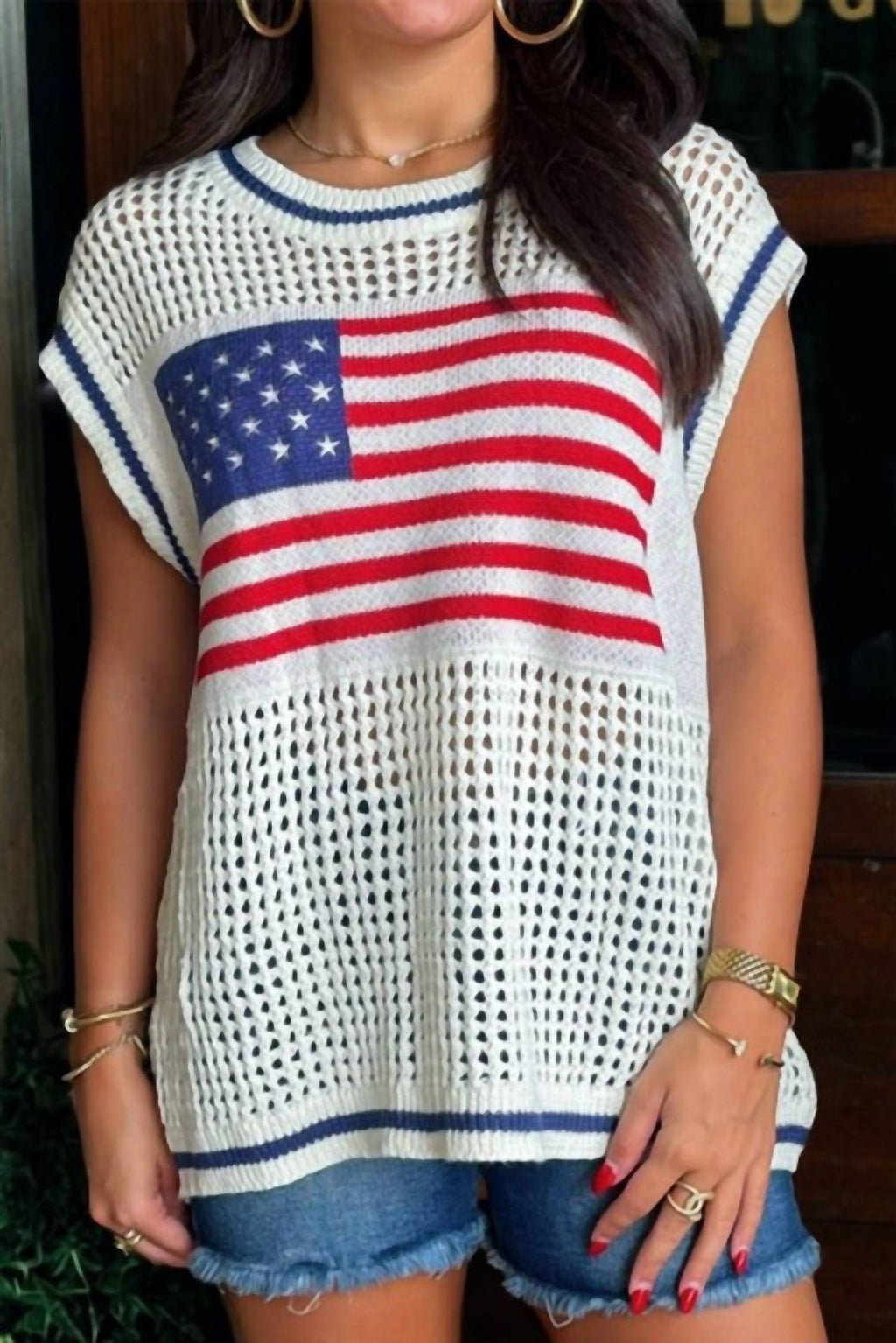 Fashionworks - Usa Flag Eyelet Knitted Sweater Top